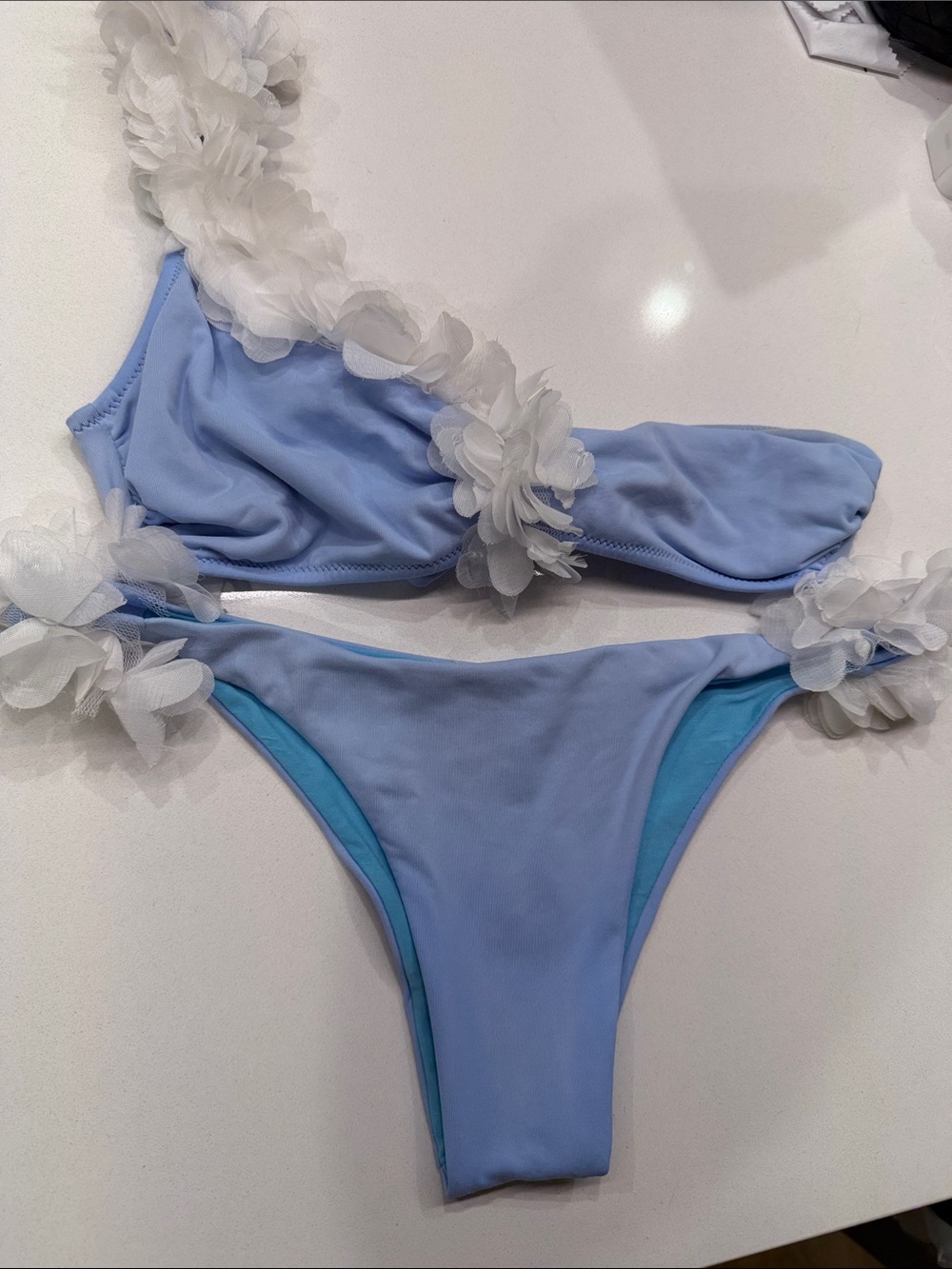 LA REVECHE Dasha One Shoulder Floral Appliqué Bikini Set Blue Size Small